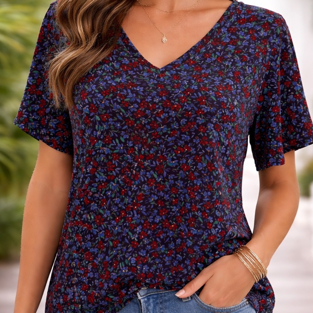 Loft Womens Size L Velvet Floral Print Short Sleeve V Neck Top Blouse Blue Red